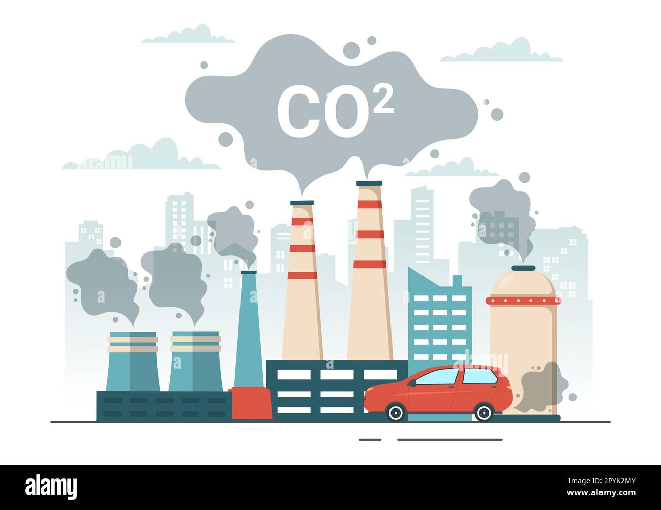 Dioxyde de carbone ou illustration de CO2 pour sauver la planète Terre du changement climatique en raison de la pollution des usines et des véhicules dans des modèles dessinés à la main Banque D'Images