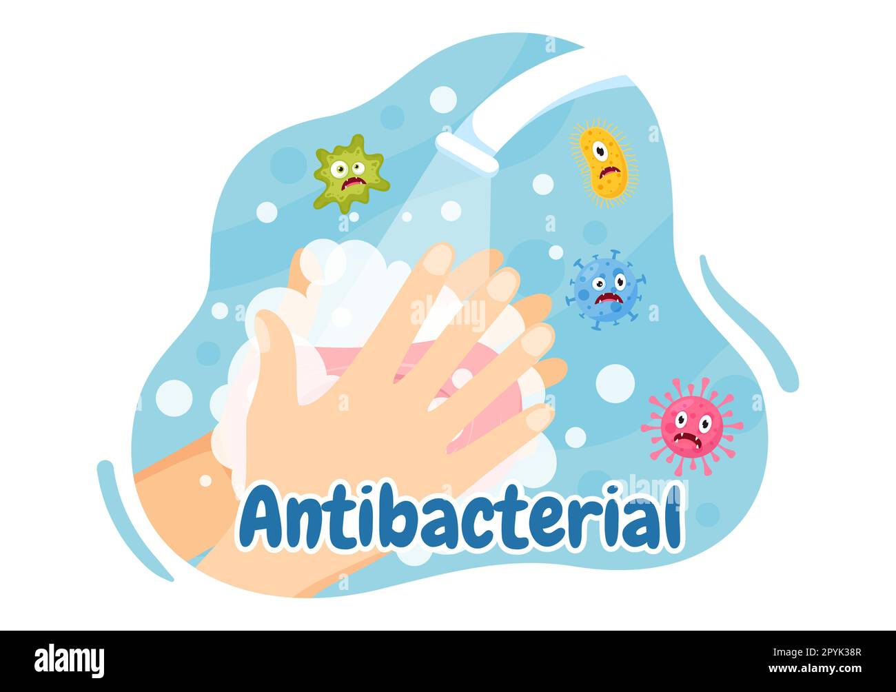 Illustration antibactérienne avec se laver les mains, virus infection et microbes bactérias contrôle dans l'hygiène soins de santé dessin à la main de dessins de dessin à la main Banque D'Images