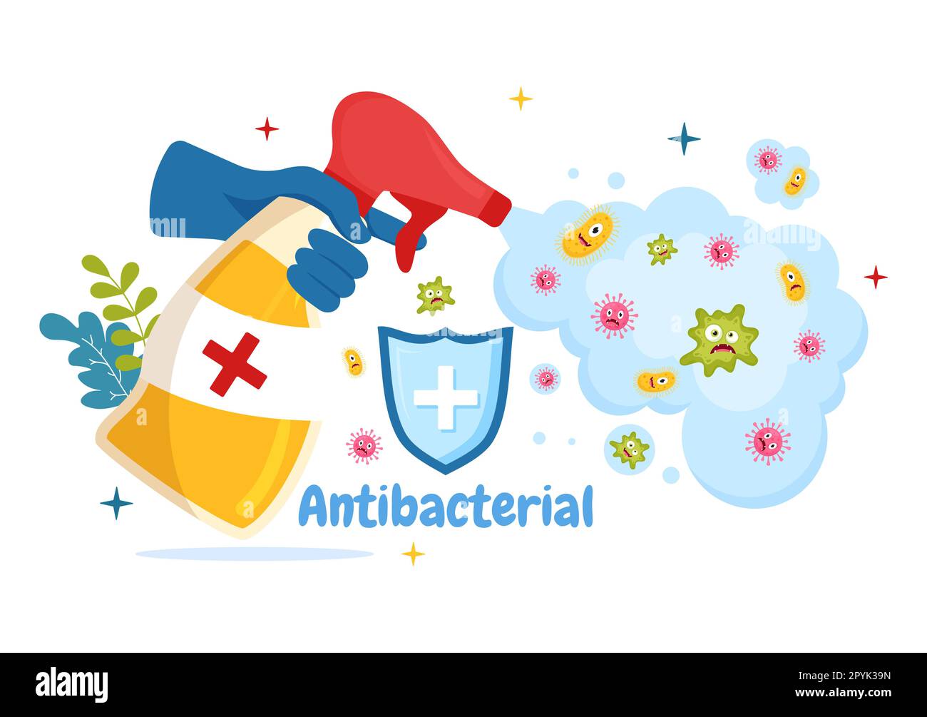 Illustration antibactérienne avec se laver les mains, virus infection et microbes bactérias contrôle dans l'hygiène soins de santé dessin à la main de dessins de dessin à la main Banque D'Images