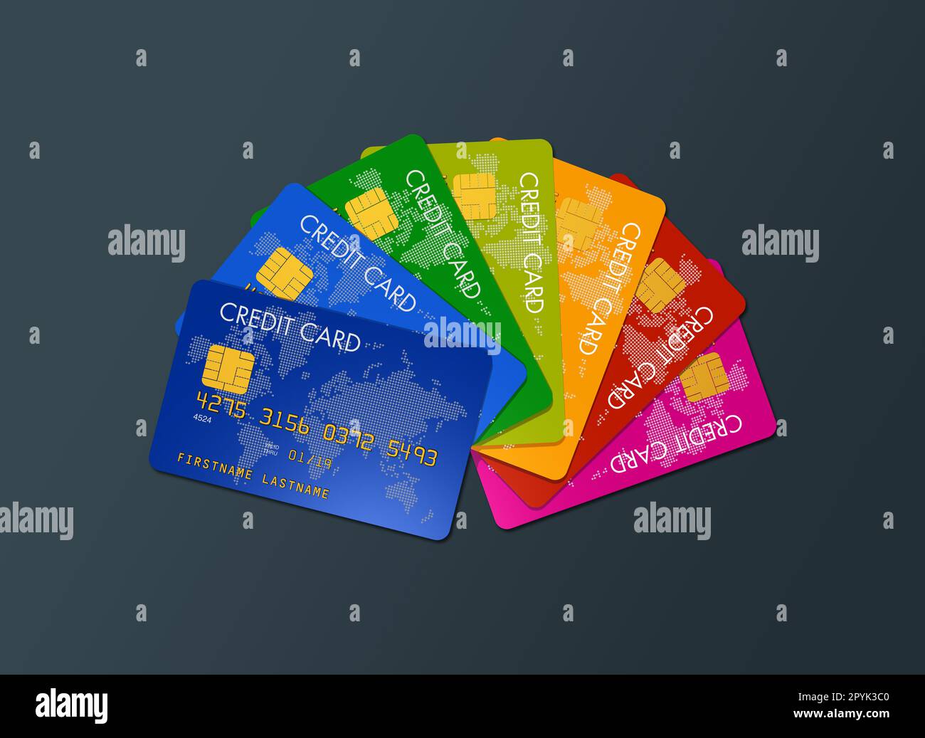 Cartes de crédit colorées isolées sur un fond gris foncé Banque D'Images