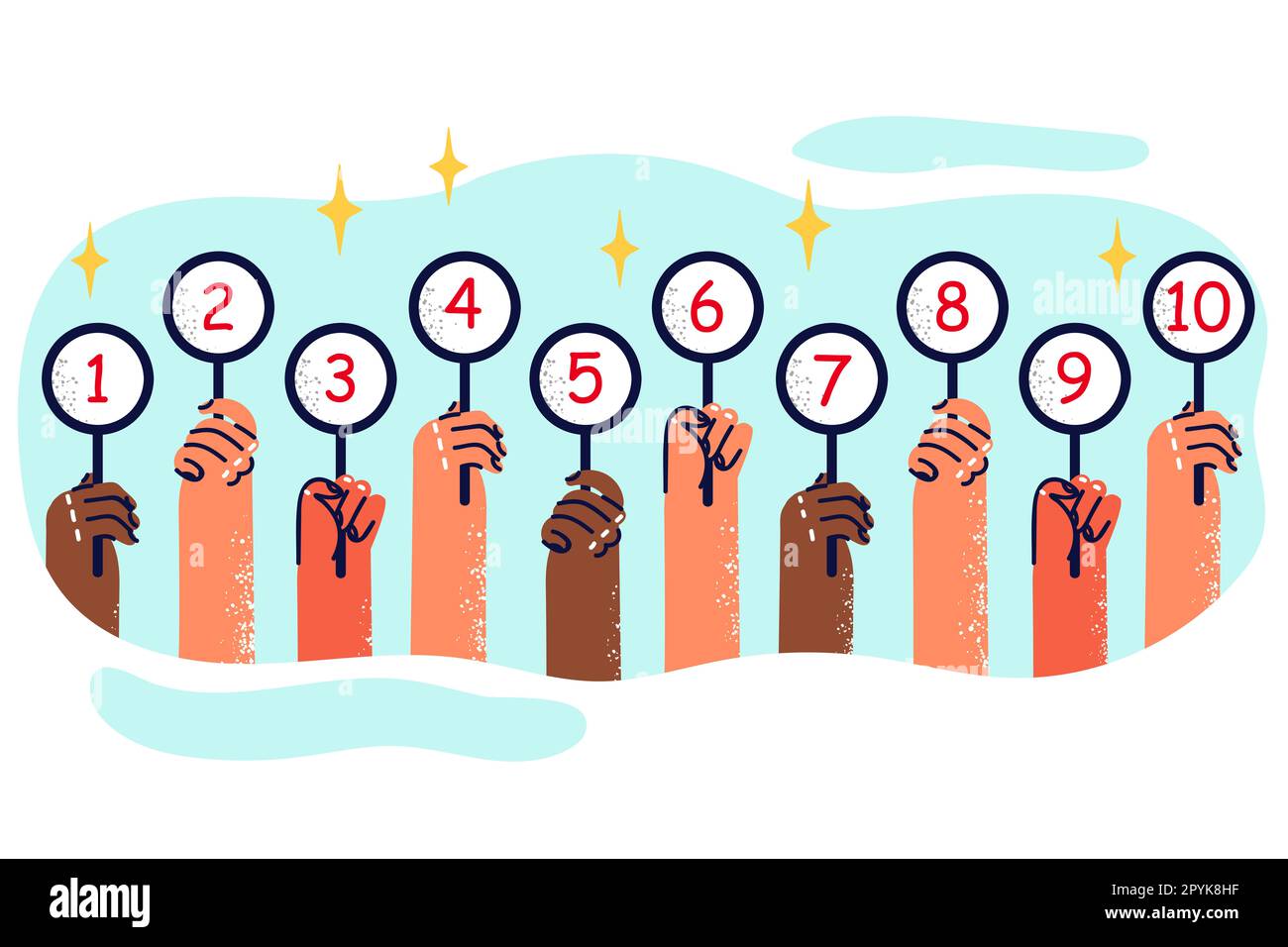 Les mains des peuples avec jeu de plaques avec des nombres de un à dix sont conçues pour évaluer les résultats de la concurrence. Mains des juges ou arbitres de quiz Banque D'Images