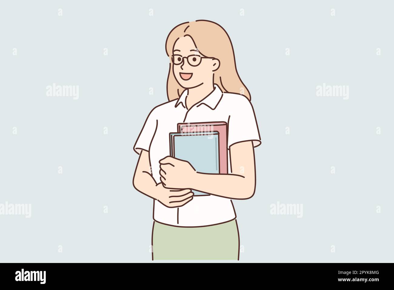 Jeune fille élève se tient avec des livres dans les mains posant avec des lunettes et regardant l'écran. Femme joyeuse avec des manuels pour préparer les examens pour colleg Banque D'Images