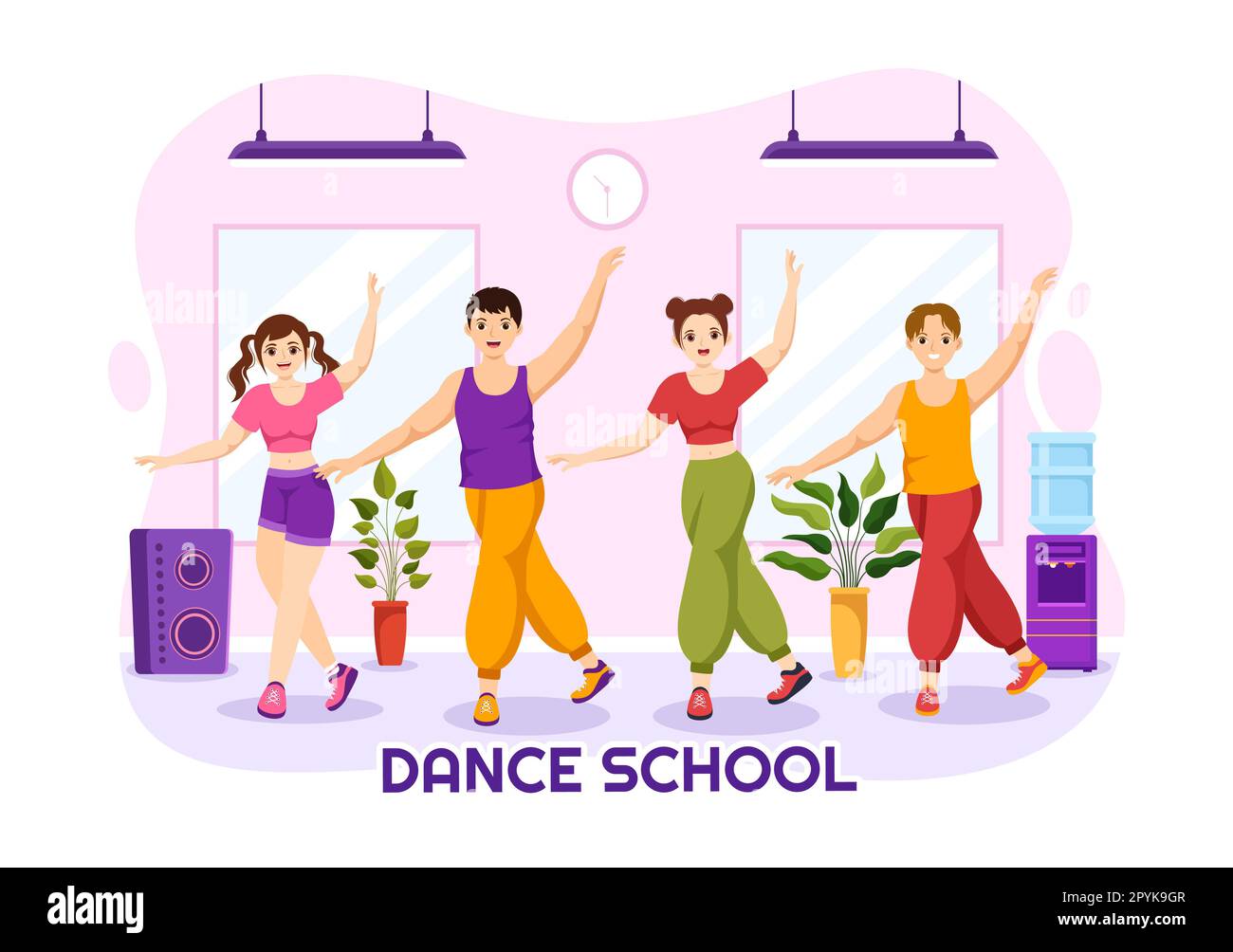 École de danse Illustration des personnes dansant ou choreography avec l'équipement de musique en studio en Flat Cartoon modèles de page d'arrivée dessinés à la main Banque D'Images