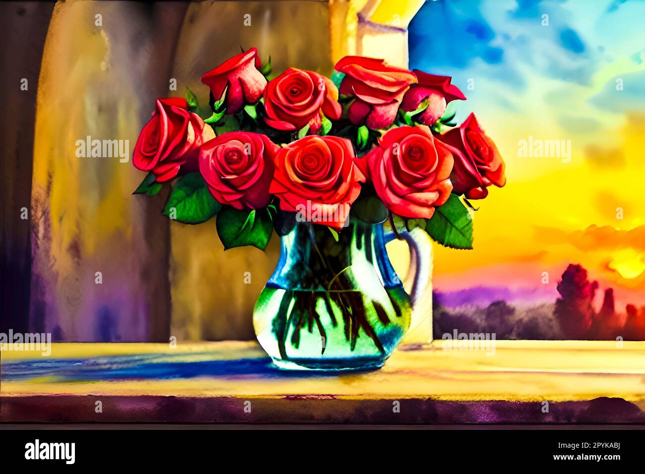 Un bouquet de roses dans un vase sur une table Banque D'Images