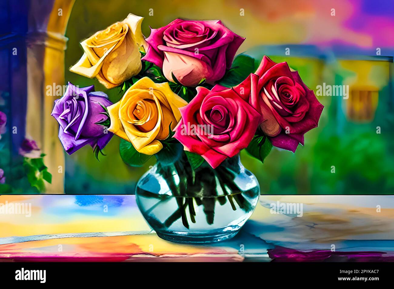 Un bouquet de roses dans un vase sur une table Banque D'Images