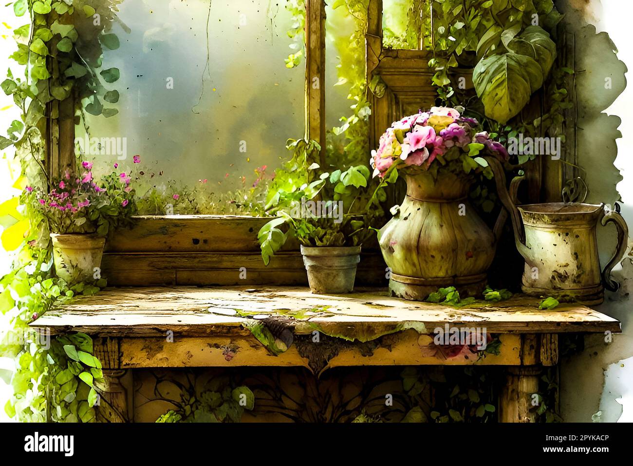 Table en bois vintage avec des fleurs en pots. Photo dans le style d'image de couleur ancienne Banque D'Images Table en bois vintage avec des fleurs en pots. Photo dans le style d'image de couleur ancienne Banque D'Images