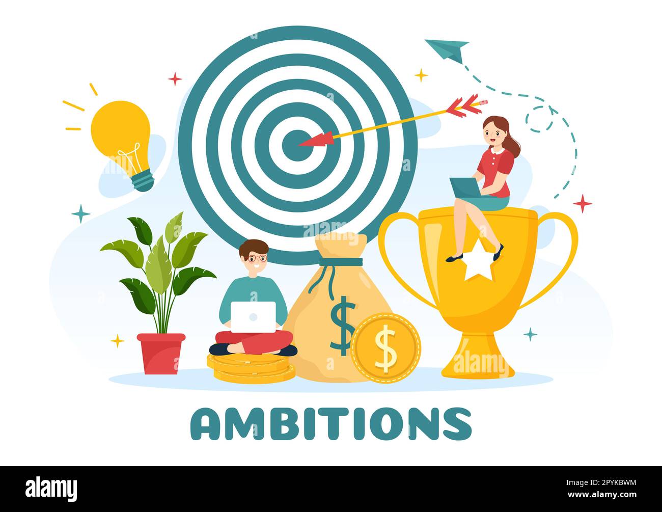 Illustration de l'ambition avec l'Entrepreneur grimper l'échelle vers le succès et le développement de carrière dans le modèle de dessin manuel de plan d'affaires de dessin plat Banque D'Images