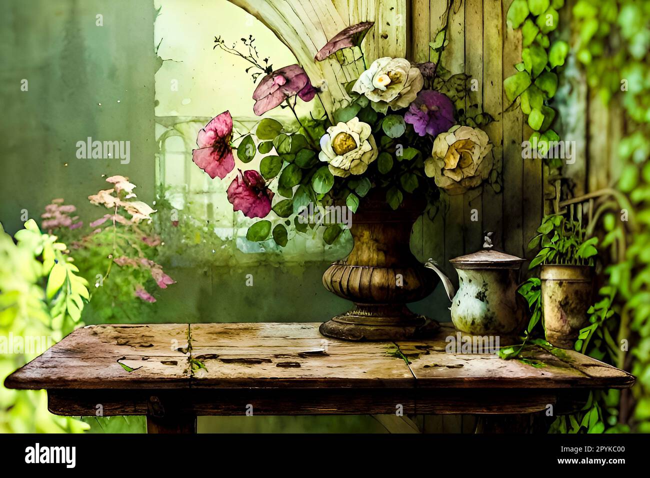 Table en bois vintage avec des fleurs en pots. Photo dans le style d'image de couleur ancienne Banque D'Images Table en bois vintage avec des fleurs en pots. Photo dans le style d'image de couleur ancienne Banque D'Images