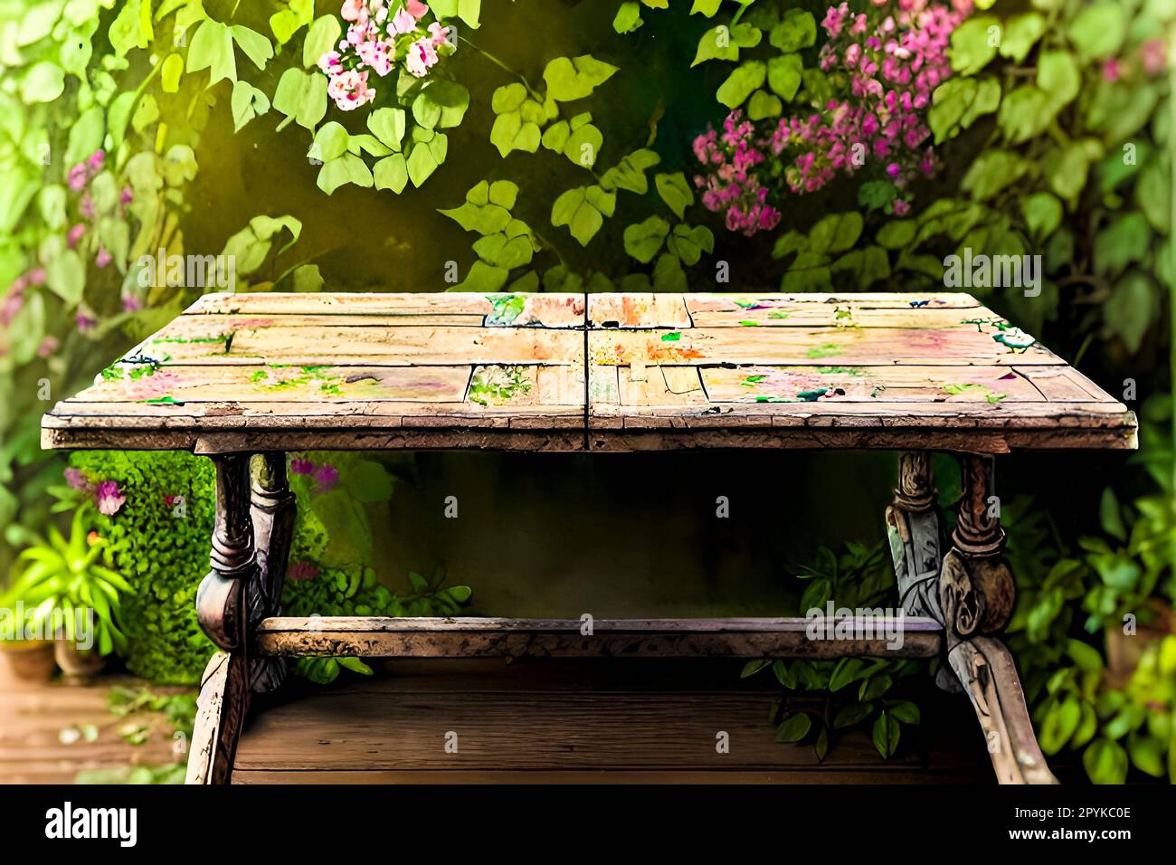 Table en bois vintage avec des fleurs en pots. Photo dans le style d'image de couleur ancienne Banque D'Images