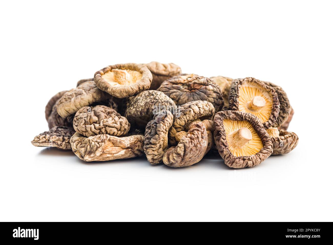 Champignons shiitake séchés isolé sur fond blanc. Banque D'Images