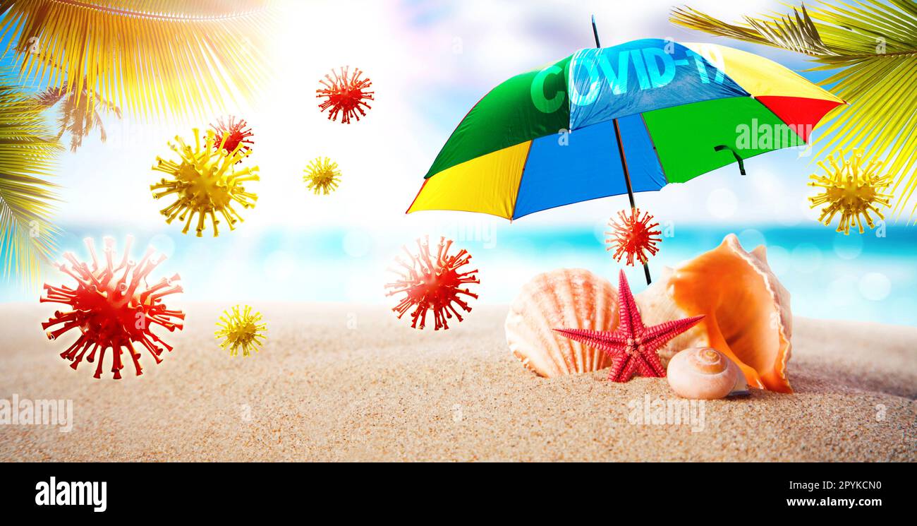 Parapluie Covid-19 avec corona virus en vacances Banque D'Images Parapluie Covid-19 avec corona virus en vacances Banque D'Images