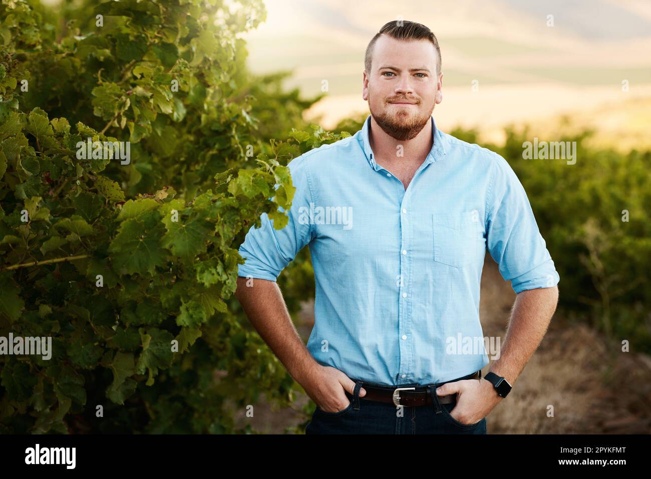 Son dur travail de gestion de cette ferme. Portrait d'un agriculteur debout dans un vignoble. Banque D'Images