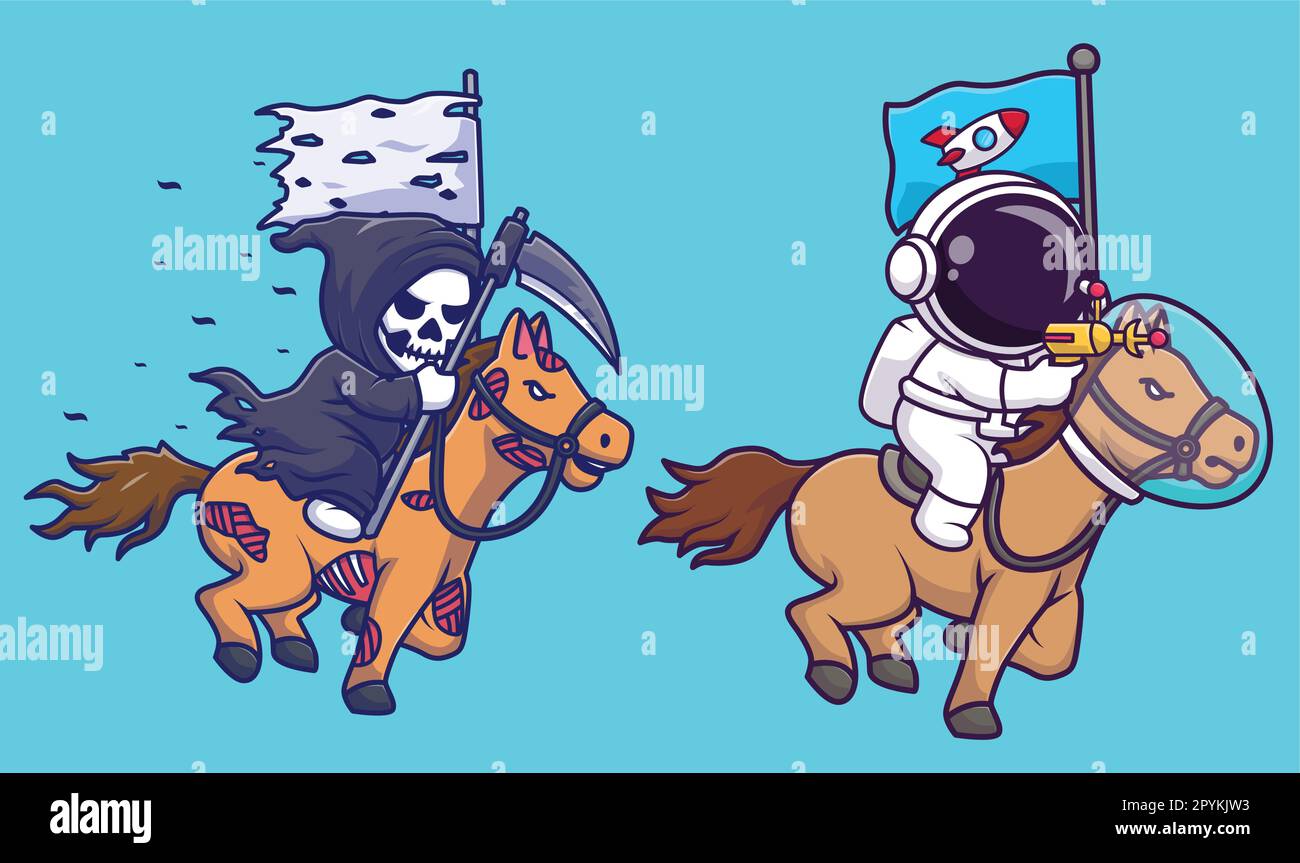 Adorable cheval d'équitation astronaute avec arme spatiale, illustration d'une icône représentant un vecteur de dessin animé. science animal isolé Illustration de Vecteur