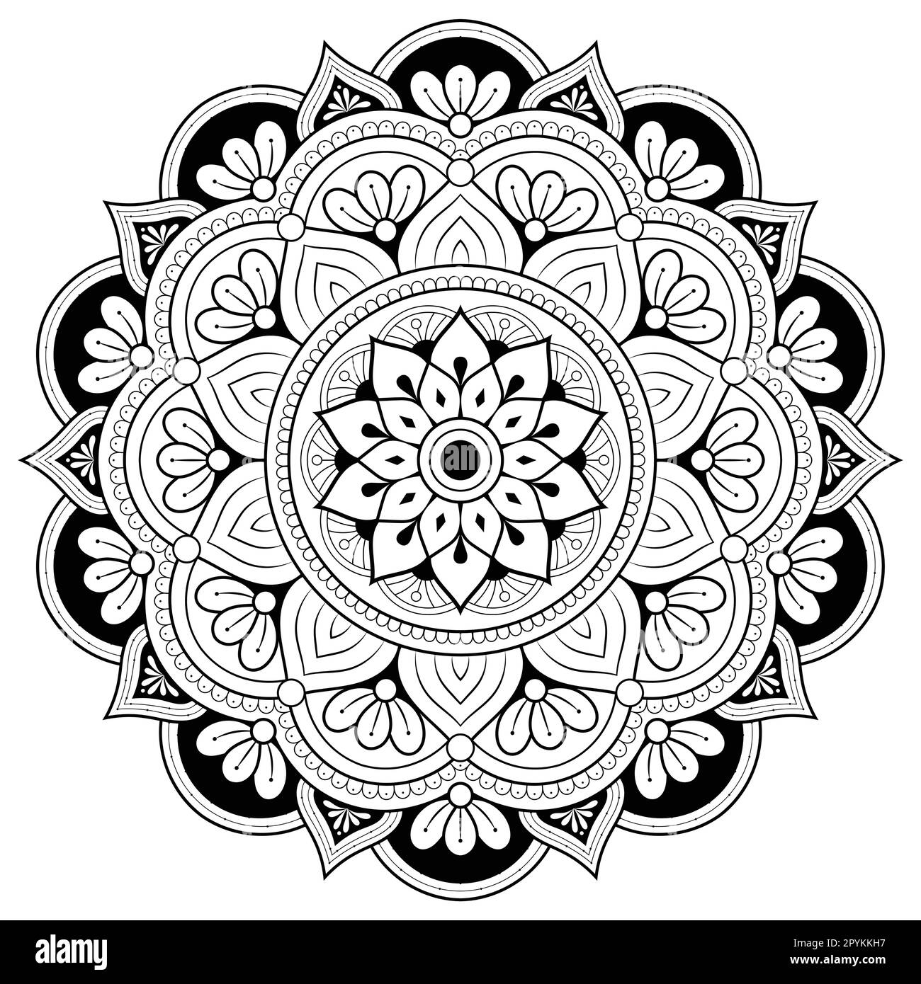 Modèle circulaire en forme de mandala pour Henna Mehndi,, tatouage, décoration. Ornement décoratif ethnique dans un style oriental. Page de livre de coloriage. Illustration de Vecteur