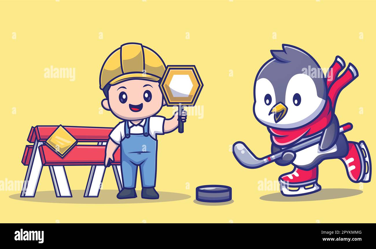 Joli pingouin jouant au personnage de dessin animé de hockey. sport animal isolé. Illustration de Vecteur