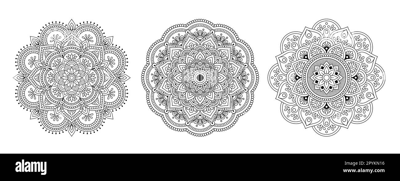 Décorations rondes décoratives mandalas pour livre de coloriage, motif de fleur pour dessin de Henna et tatouage. Illustration de Vecteur