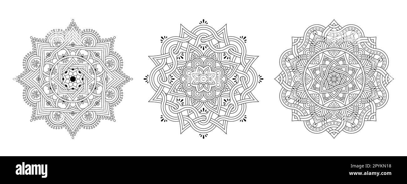 Décorations rondes décoratives mandalas pour livre de coloriage, motif de fleur pour dessin de Henna et tatouage. Illustration de Vecteur
