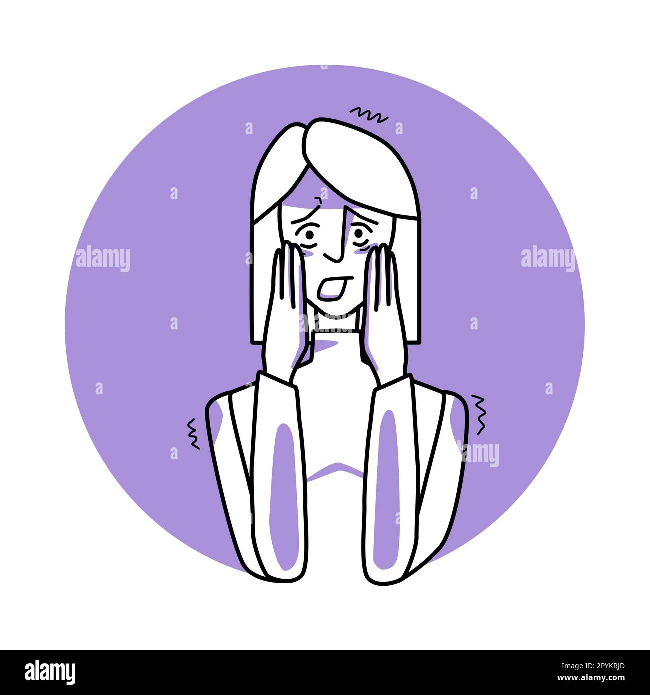 Femme effrayée, émotion de la peur, expression faciale avec des gestes. Peur de la femme aux cheveux blancs, exprimant ses sentiments de panique. Cercle vectoriel violet Illustration de Vecteur