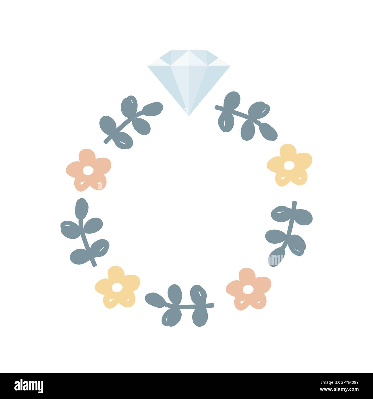 Couronne fleurie avec pierres. Cadre rond avec de jolies fleurs dessinées à la main et un diamant. Décoration florale avec place pour le texte, style scandinave. Vecteur Illustration de Vecteur