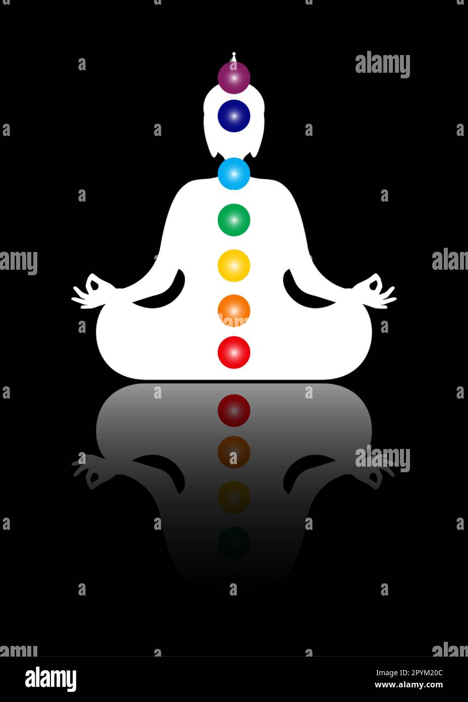 Silhouette de Bouddha assis en méditation avec chakras. Sept chakras, le corps énergétique et Yogi méditant dans la position du lotus. Illustration vectorielle Illustration de Vecteur