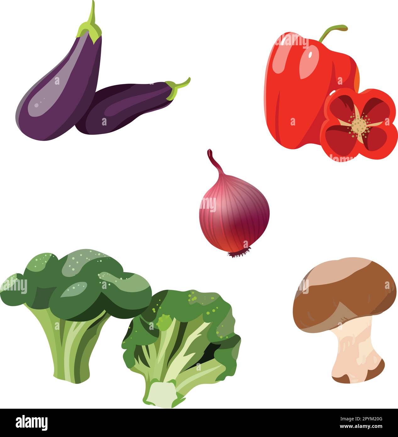 légumes illustrations vectorielles du brocoli, de la tomate, des champignons, des poivrons rouges et de l'aubergine Illustration de Vecteur