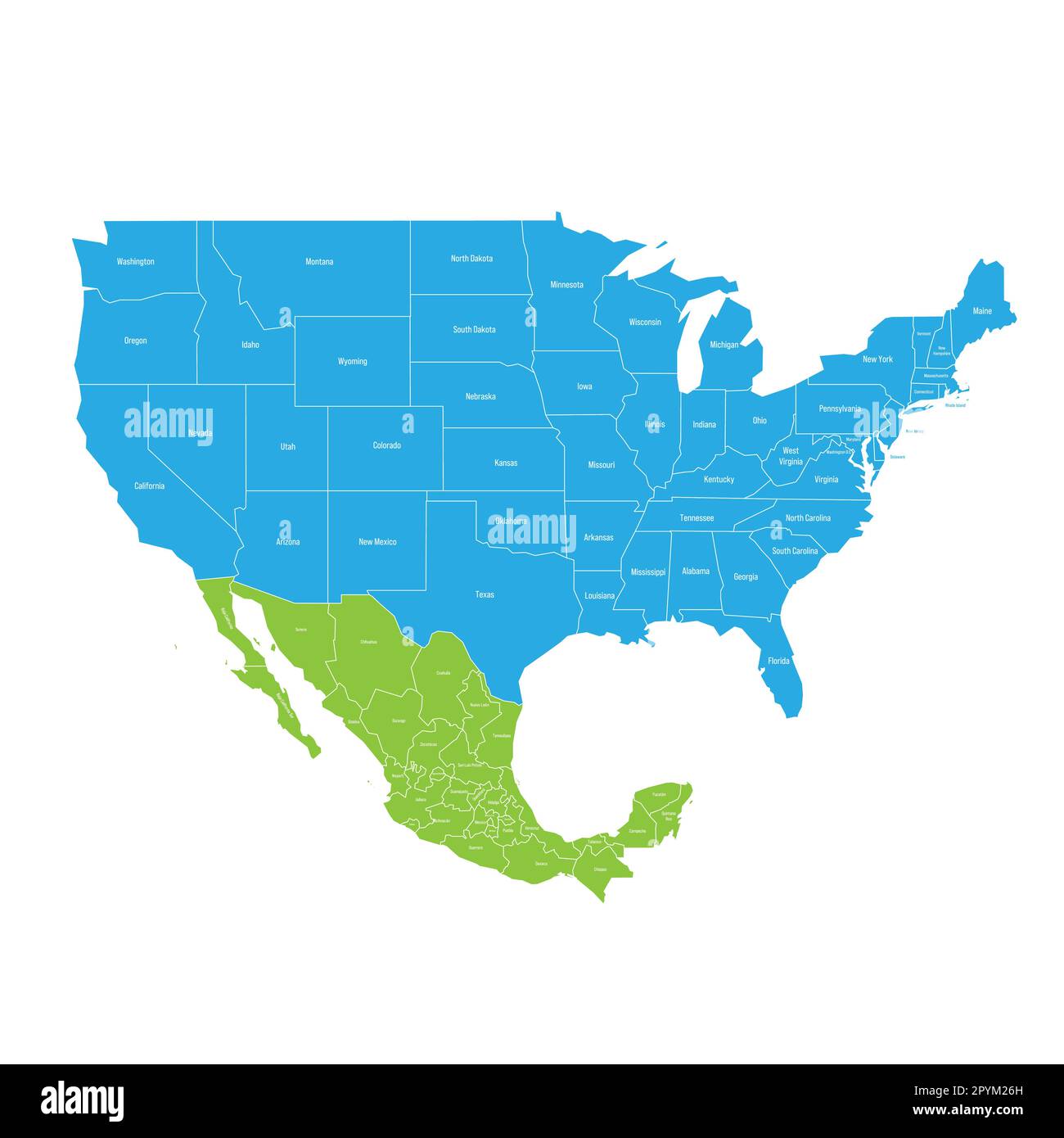 Etats-Unis et Mexique carte politique des divisions administratives. Carte vectorielle colorée avec étiquettes. Illustration de Vecteur