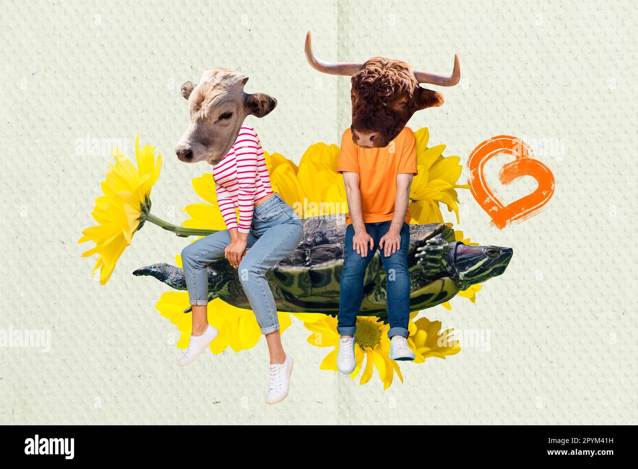 Collage photo de buffle de couple avec masque de tête de vache tortue assise amour histoire printemps nature environnement isolé sur fond dessiné Banque D'Images