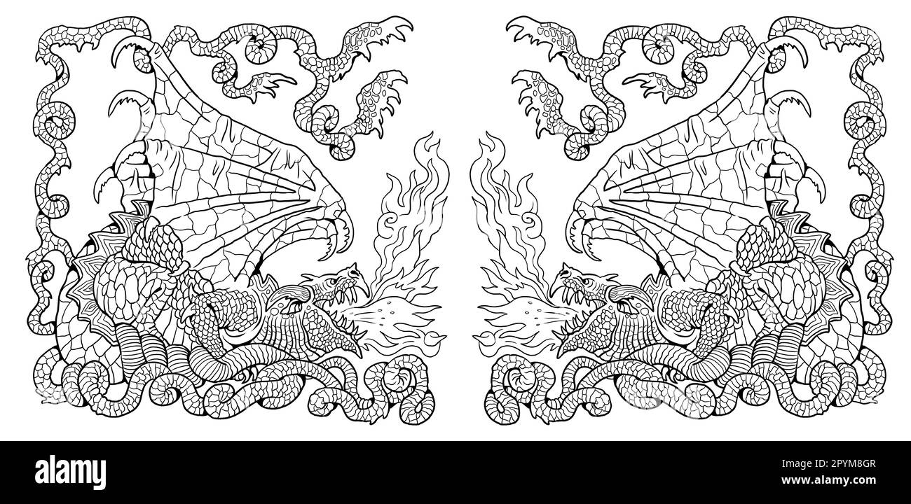 Page de coloriage Dragon. Illustration de fantaisie avec créature mythique. Feuille de coloriage de dessin Dragon. Banque D'Images