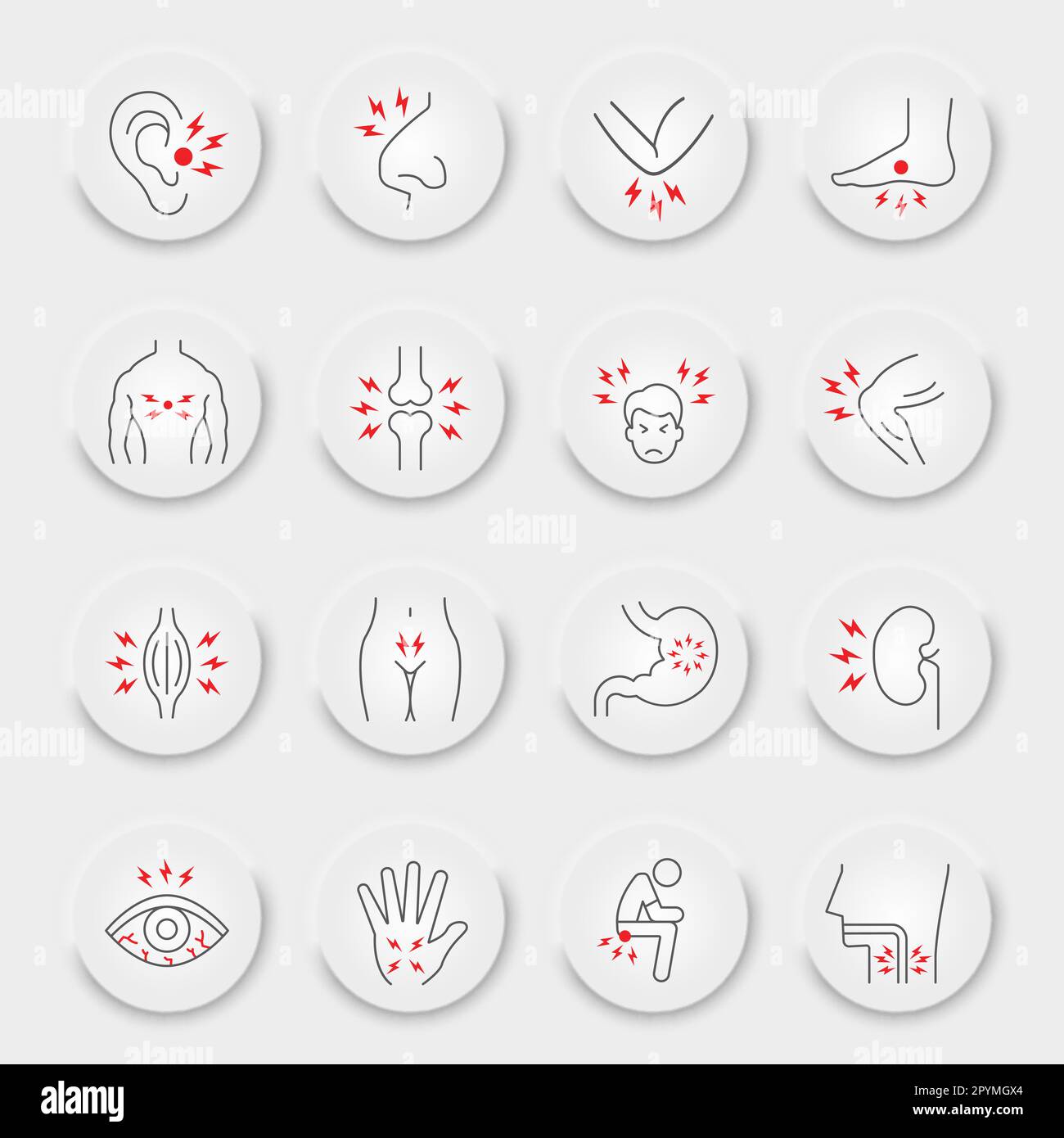 Jeu d'icônes de ligne de douleur corporelle, collection de symboles de douleur d'organes, croquis vectoriels, boutons UI UX neuporphiques, paquet de pictogrammes linéaires de signes de maladie isolé sur fond blanc, eps 10. Illustration de Vecteur