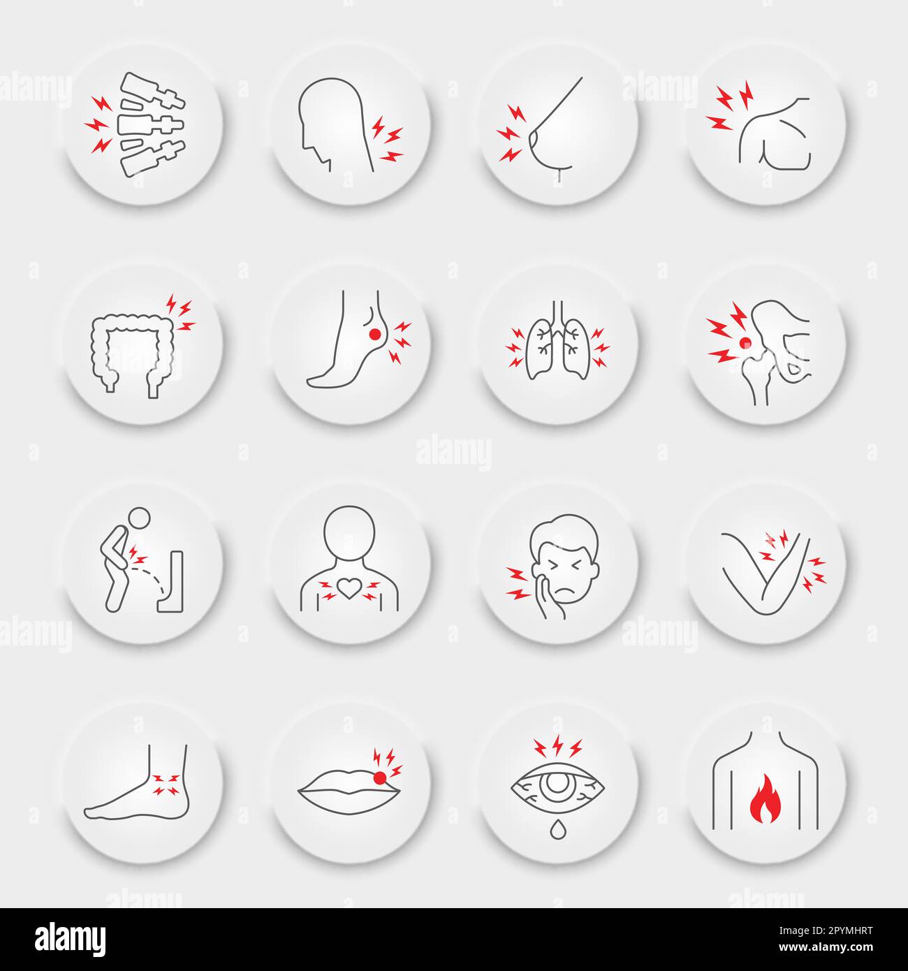 Jeu d'icônes de ligne de douleur corporelle, collection de symboles de douleur d'organes, croquis vectoriels, boutons UI UX neuporphiques, paquet de pictogrammes linéaires de signes de maladie isolé sur fond blanc, eps 10. Illustration de Vecteur