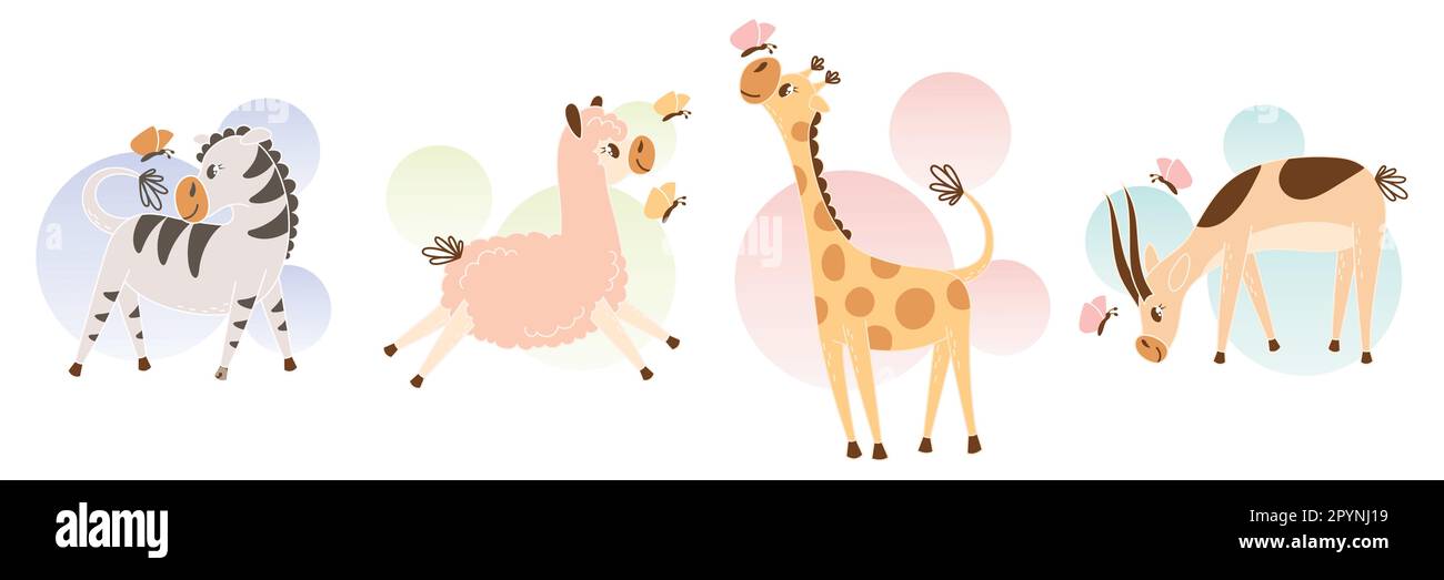 Mignonne girafe heureuse, zèbre, gazelle et lama. Dessins animés animaux jouant avec des papillons. Illustration plate avec fond simple pour la pépinière poster de Illustration de Vecteur