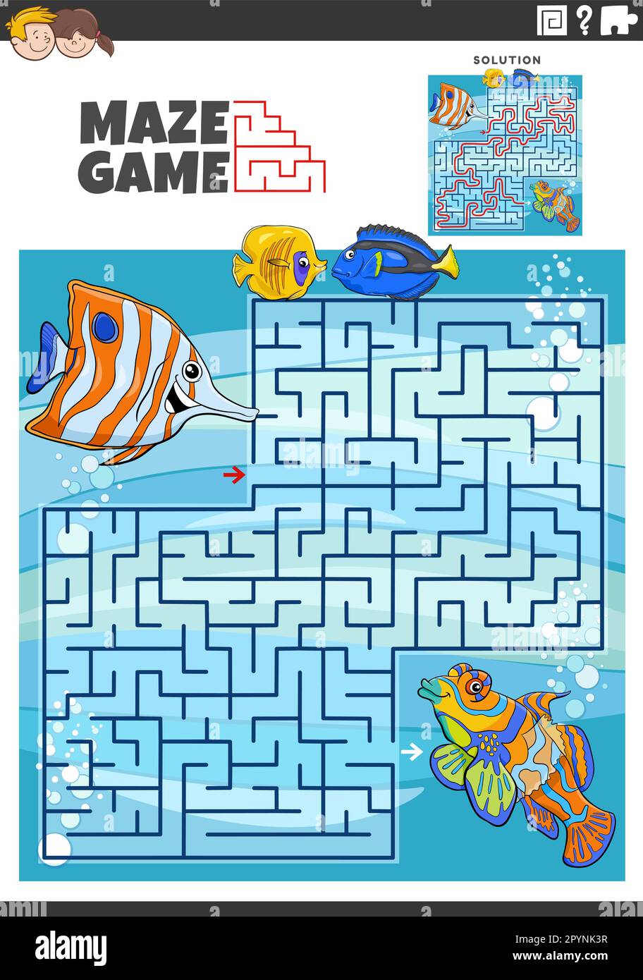 Illustration de dessin animé de l'activité pédagogique de puzzle de labyrinthe pour les enfants avec des personnages animaux de poisson drôles Illustration de Vecteur