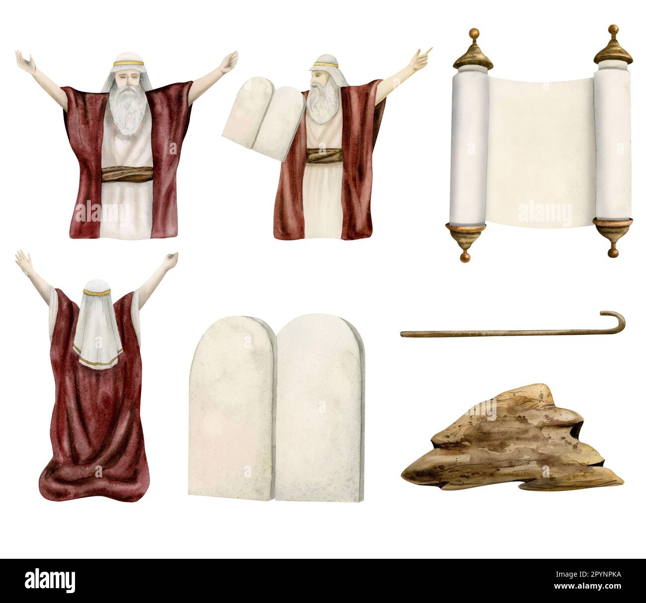 Aquarelle des portraits de Moïse pour les fêtes juives de la Pâque et de Shavuot. Ensemble d'illustrations de l'histoire de la Bible d'Exode, dix comprimés de Commandements, Torah Hagadd Banque D'Images