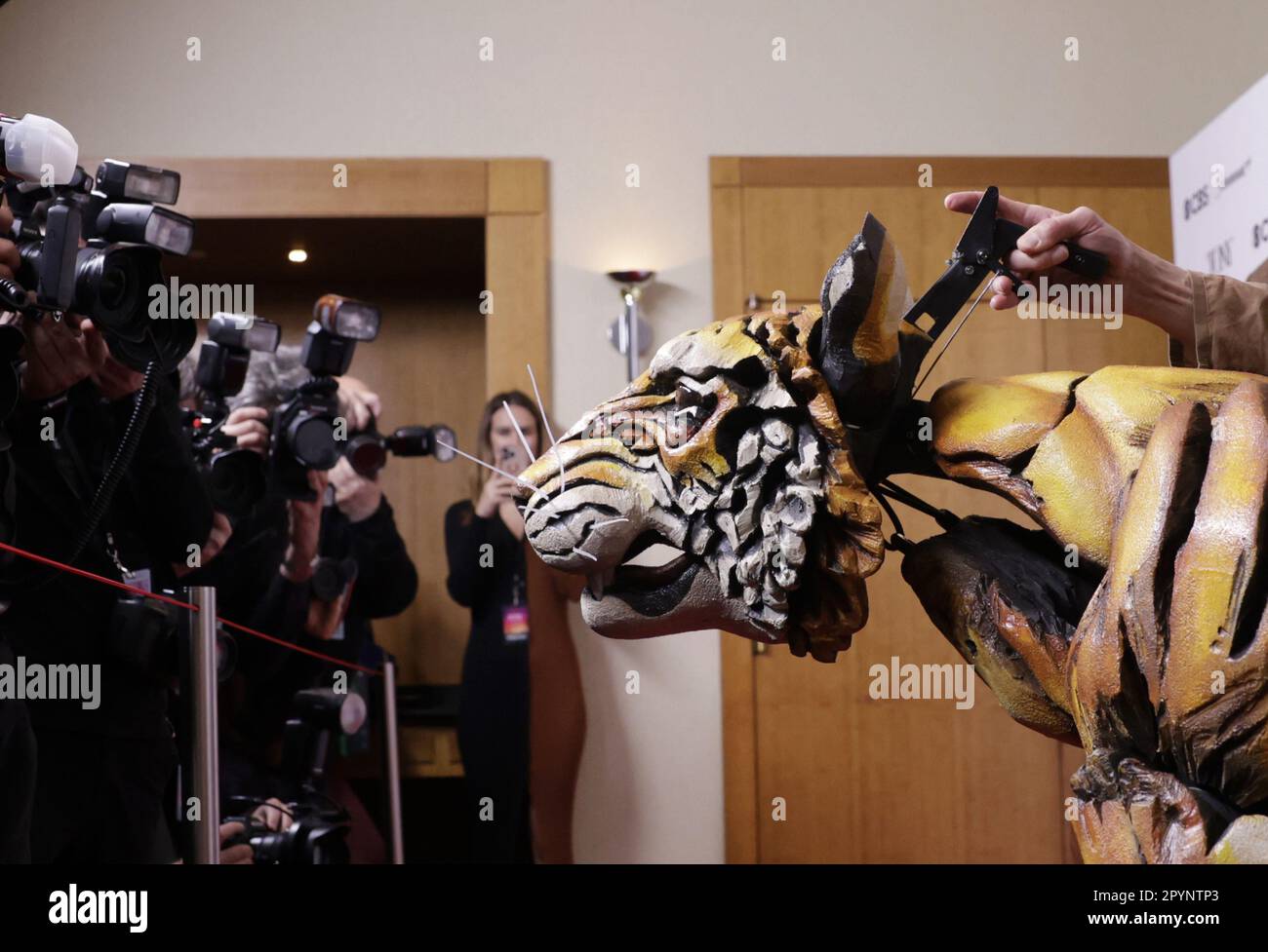 New York, États-Unis. 04th mai 2023. Richard Parker, marionnette tigre grandeur nature, de la vie des marionnettistes Pi, arrive sur le tapis rouge lors de l'édition 76th des Tony Awards. Rencontrez les nominés lors de l'événement presse du Sofitel New York au Sofitel New York on 04 mai 2023 à New York. Photo de John Angelillo/UPI crédit: UPI/Alay Live News Banque D'Images