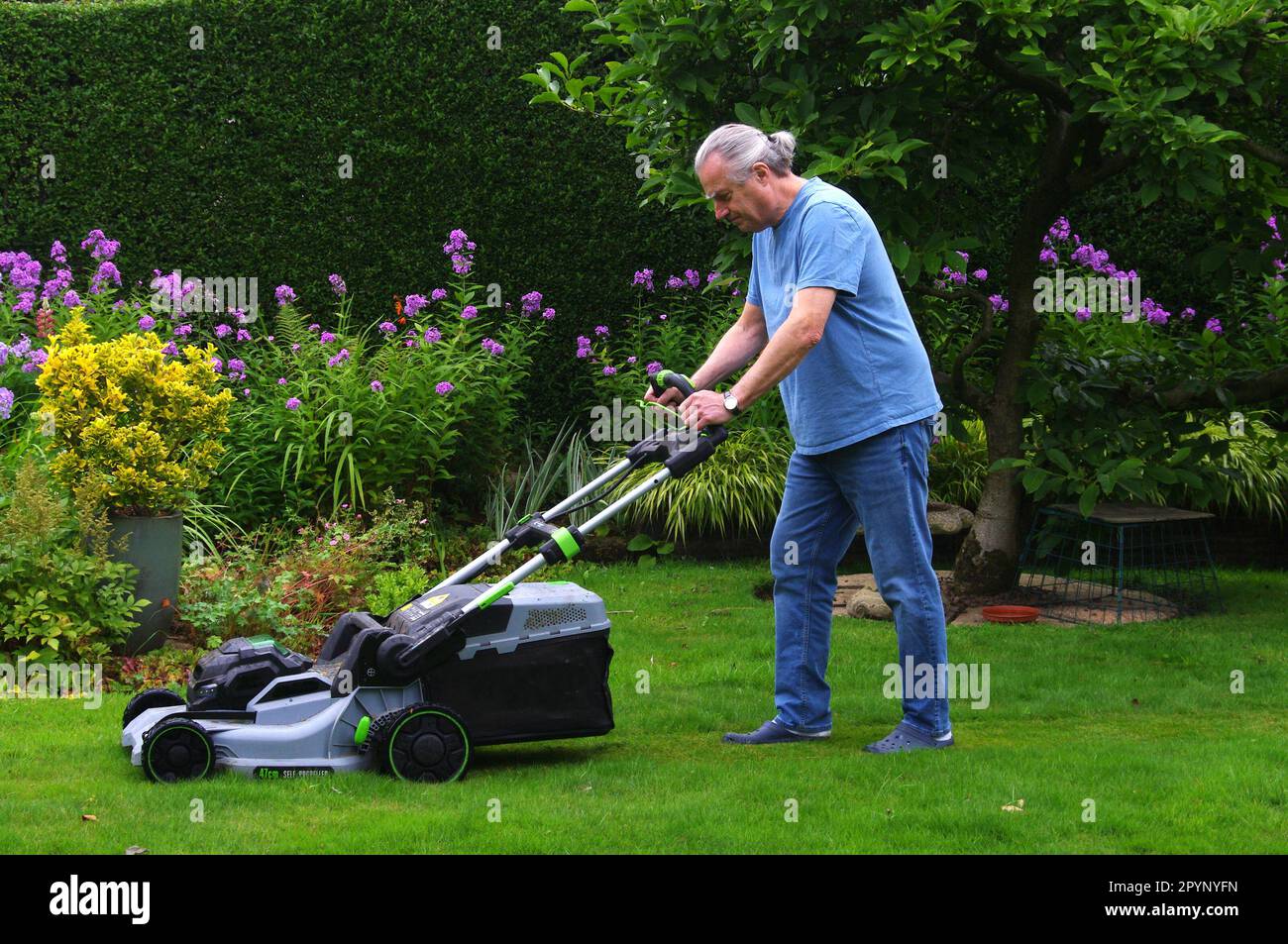 Homme âgé fauchant la pelouse du jardin en été Banque D'Images