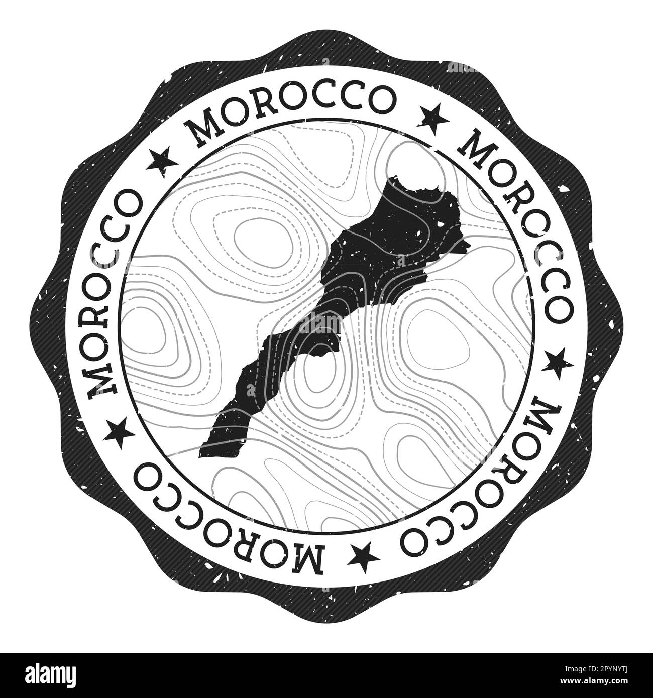 Timbre extérieur Maroc. Autocollant rond avec carte du pays avec isolines topographiques. Illustration vectorielle. Illustration de Vecteur