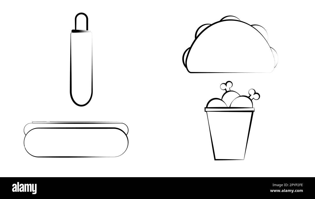 Icônes noires vectorielles - livraison rapide de voiture de nourriture ou de camion alimentaire, ensemble d'icônes de divers produits fast food. Illustration de Vecteur