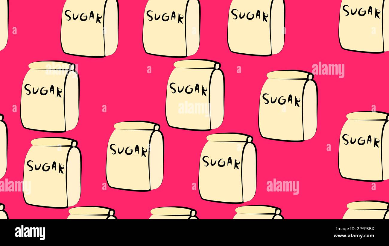 emballage avec sucre sur fond rose, illustration vectorielle, motif. sac en papier rempli d'épices. sucre pour la cuisson. nourriture pour végétalien. fond d'écran pour c Illustration de Vecteur