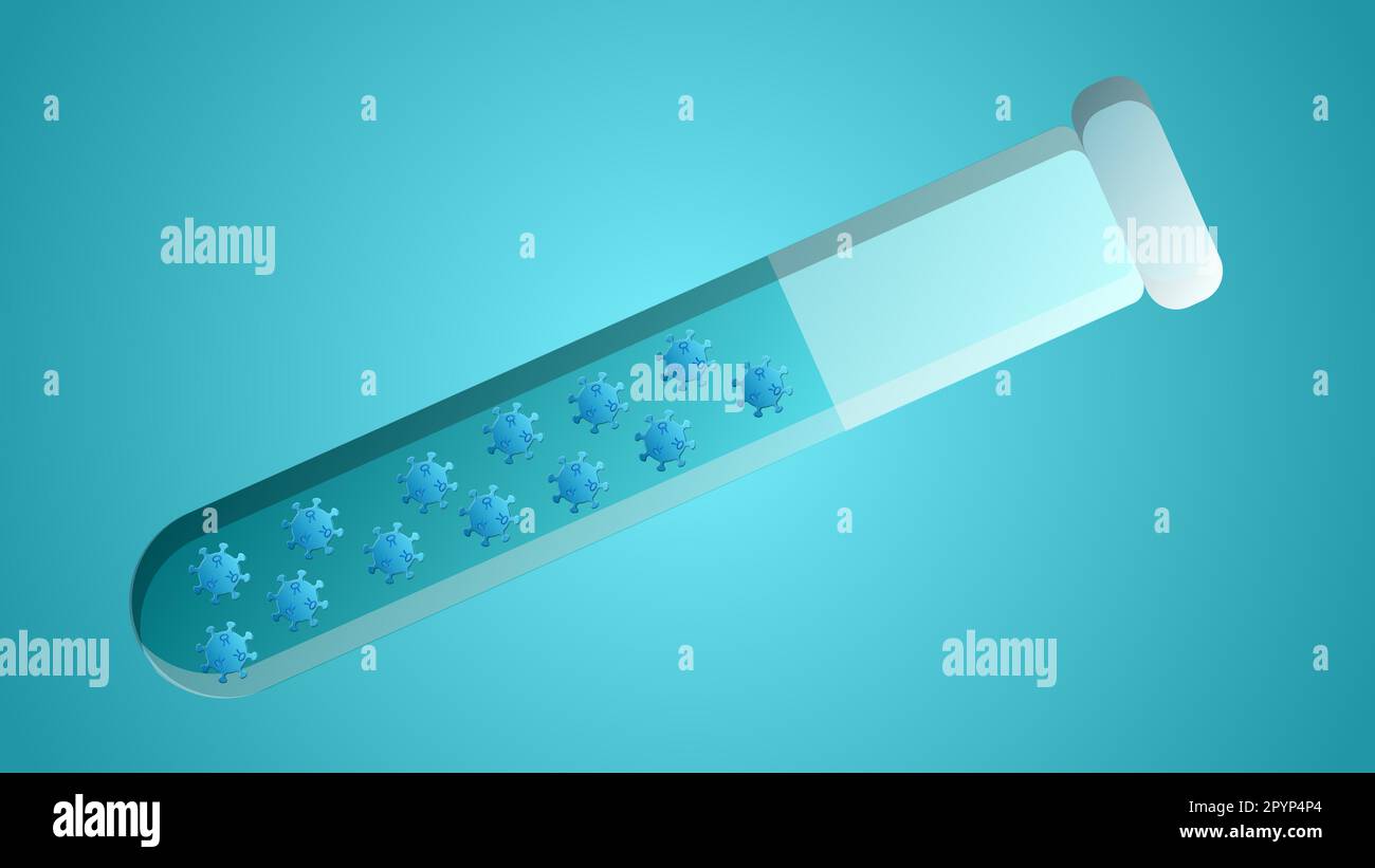 Flacon médical de laboratoire en verre scientifique pour le diagnostic et la recherche de la molécule du virus covid-19 de la maladie du coronavirus sur fond bleu Illustration de Vecteur