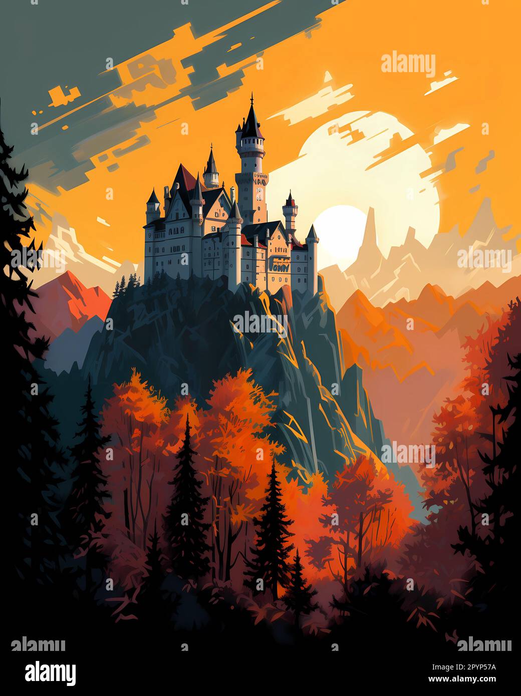 Illustration d'une belle vue du château de Neuschwanstein, Allemagne Banque D'Images