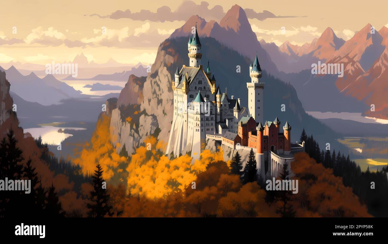 Illustration d'une belle vue du château de Neuschwanstein, Allemagne Banque D'Images