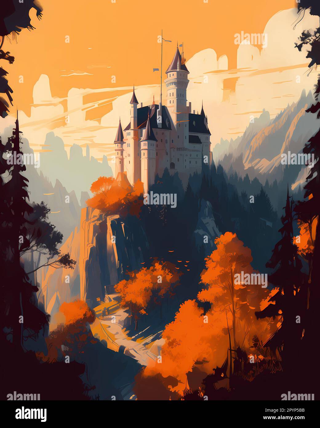 Illustration d'une belle vue du château de Neuschwanstein, Allemagne Banque D'Images