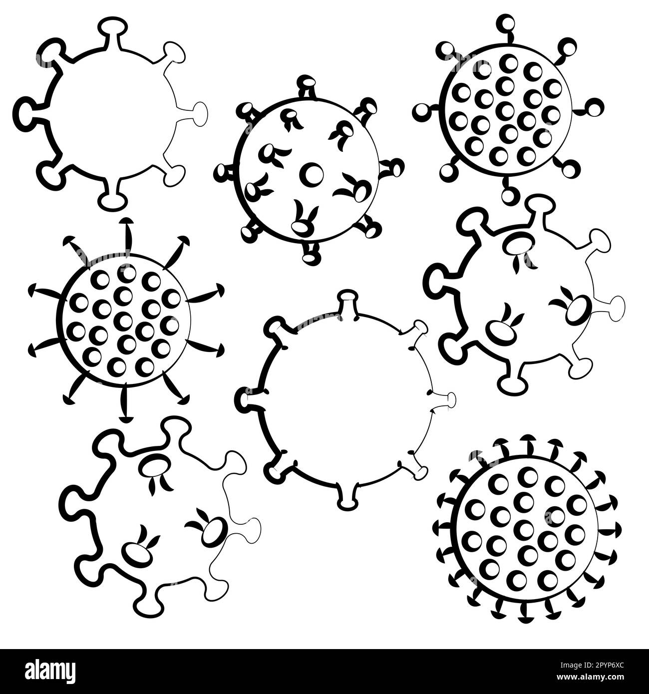 Ensemble d'icônes noir et blanc des virus médicaux microbes dangereux souche mortelle covid 019 coronavirus épidémie de la maladie pandémique. Illustration vectorielle. Illustration de Vecteur
