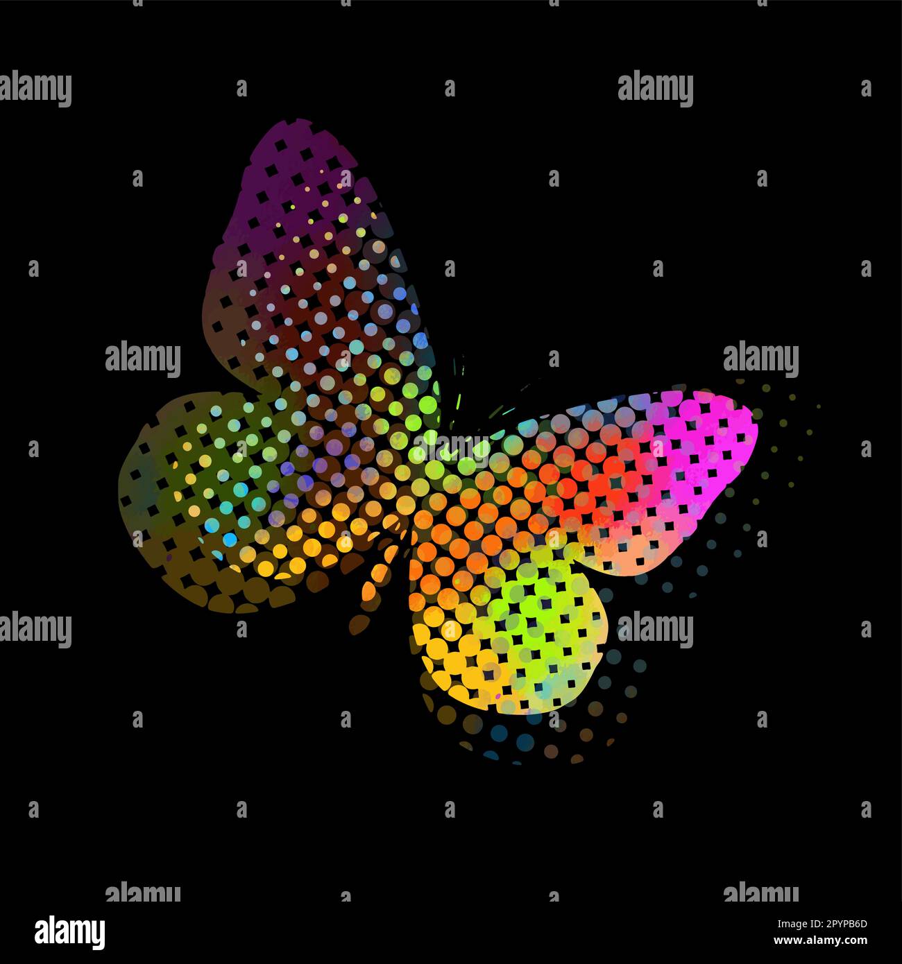 Papillon multicolore de cercles. Arrière-plan sombre. Pixel arc-en-ciel simple papillon. Illustration vectorielle. beau papillon Illustration de Vecteur