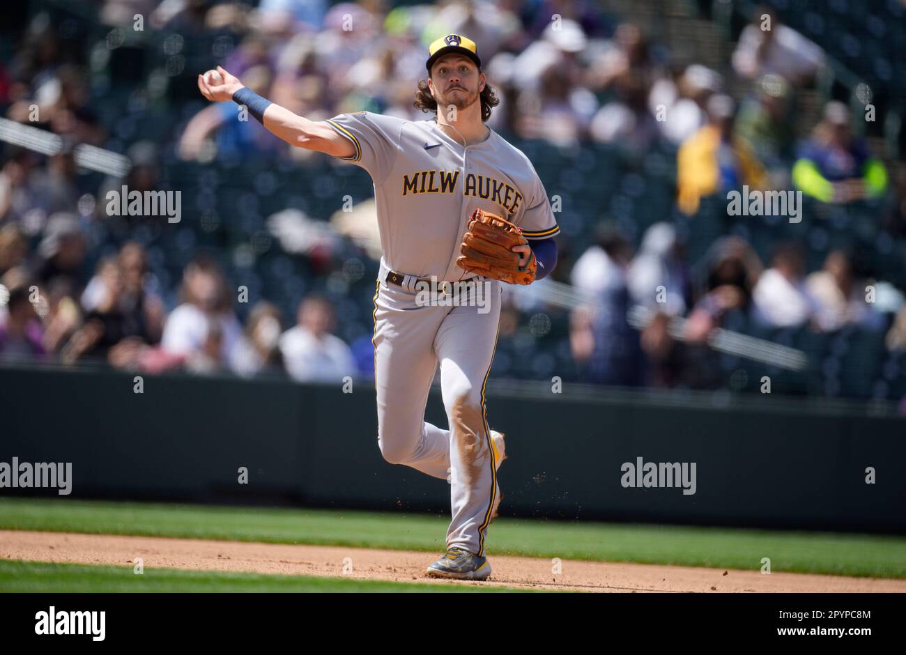 Milwaukee Brewers third baseman Brian Anderson throws out Cleveland  Guardians' Myles Straw at first base during the fifth inning of a baseball  game, Friday, June 23, 2023, in Cleveland. (AP Photo/Ron Schwane