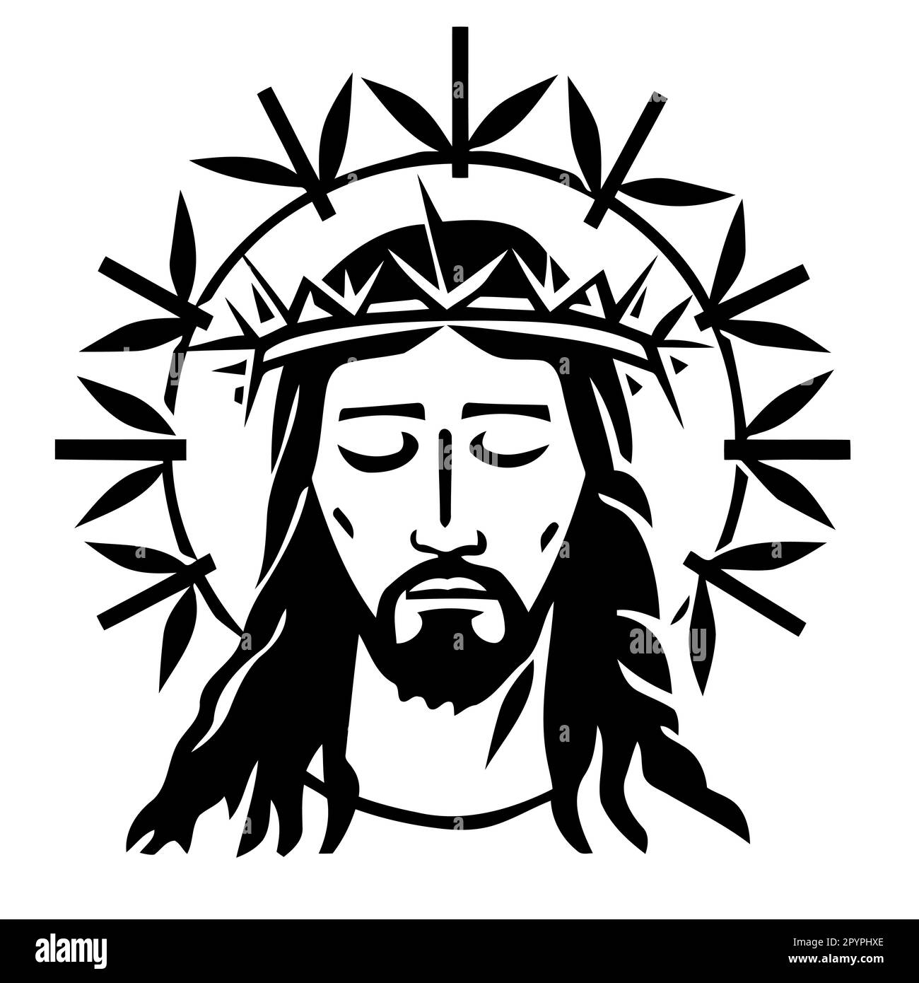 figure religieuse chrétienne jésus-christ avec couronne d'épines illustration vectorielle minimaliste noire et blanche Illustration de Vecteur