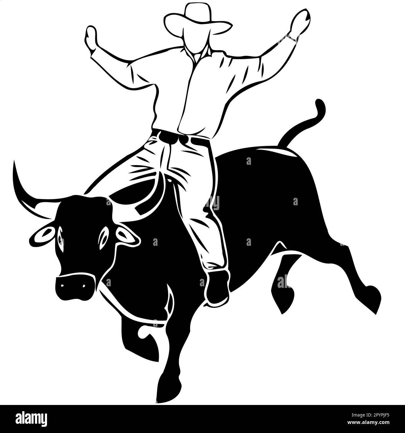 cow-boy homme à cheval sur un taureau de rodéo à cheval noir et blanc silhouette minimaliste illustration vectorielle Illustration de Vecteur