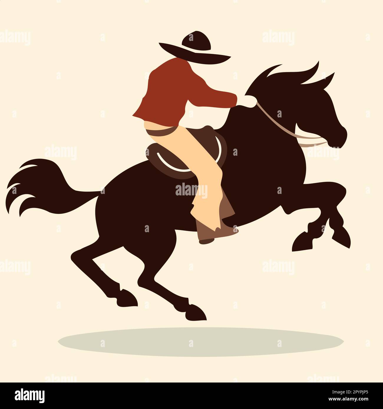 cowboy homme à cheval à cheval à cheval de rodéo à la silhouette noire et blanche Illustration de Vecteur