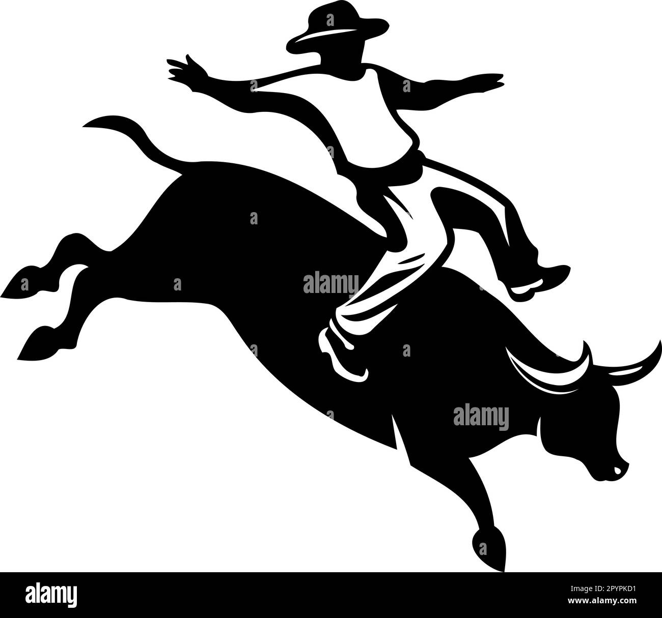 cow-boy homme à cheval sur un taureau de rodéo à cheval noir et blanc silhouette minimaliste illustration vectorielle Illustration de Vecteur