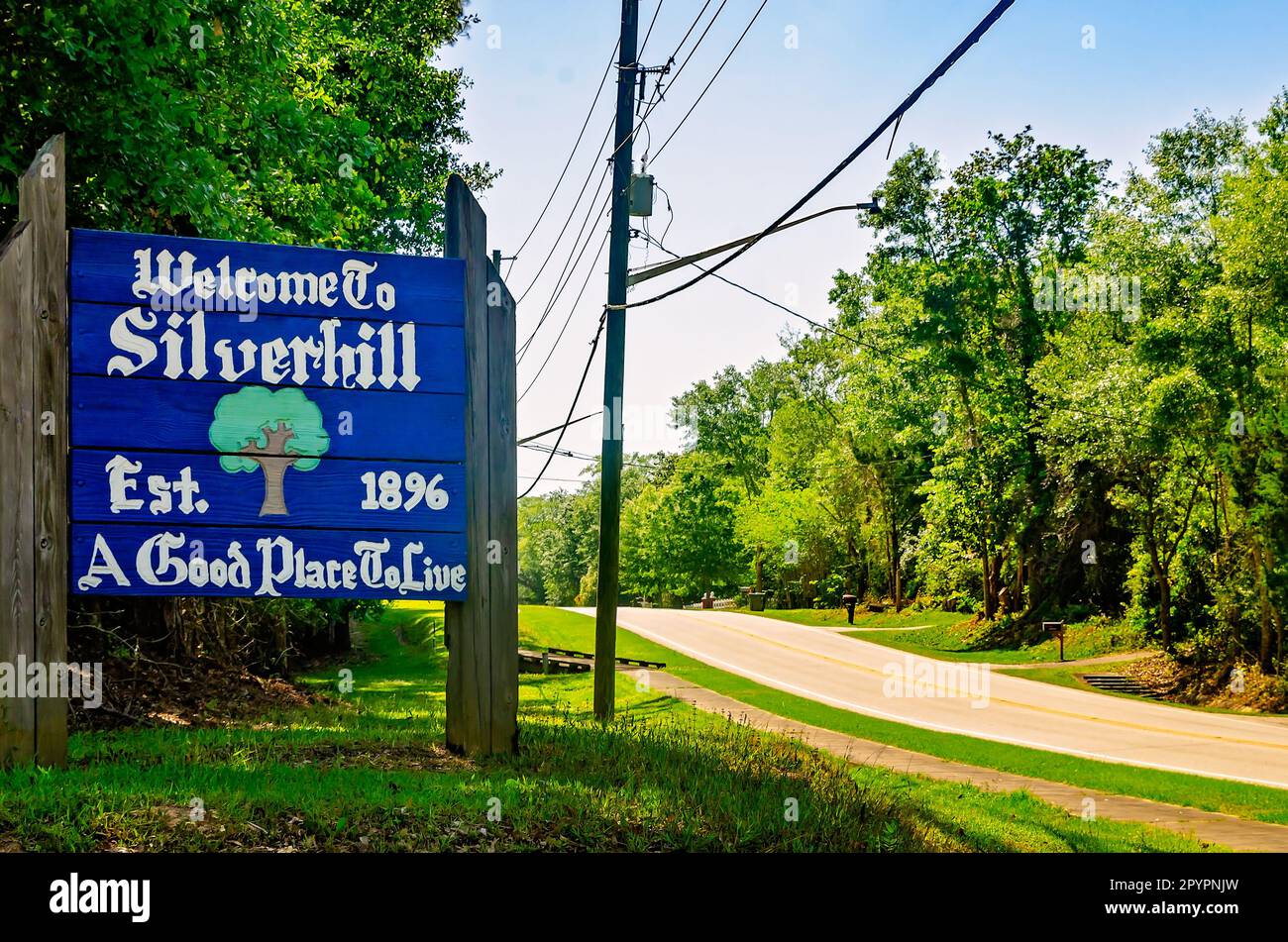 Un panneau accueille les visiteurs à Silverhill, 30 avril 2023, à Silverhill, Alabama. Silverhill est une petite ville du comté de Baldwin. Il a été fondé en 1896. Banque D'Images